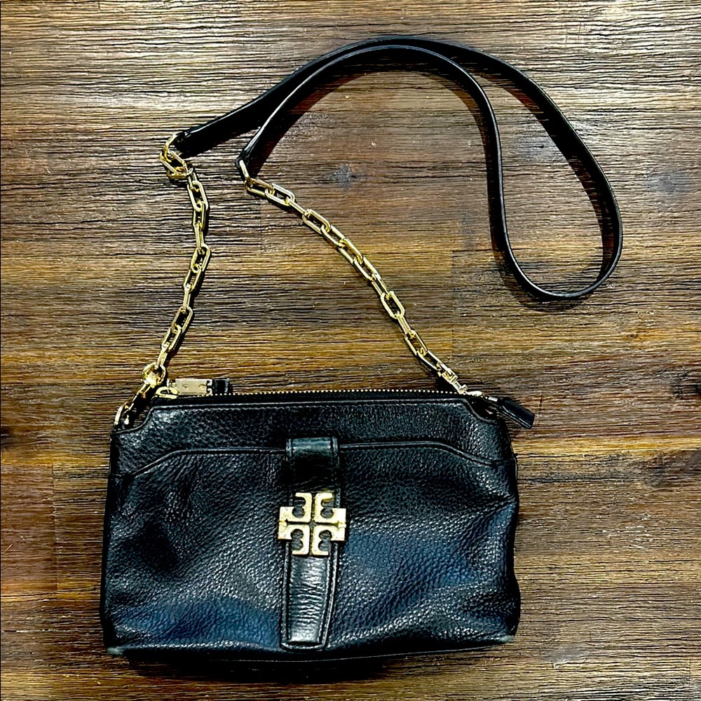 Tory Burch Black Leather Crossbody Bag with Gold Accents